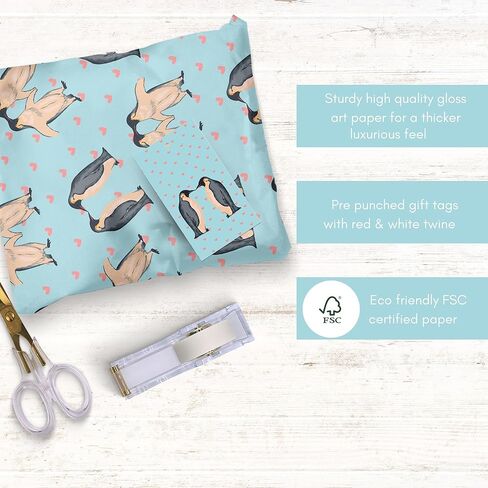 LimaLima 4 × أوراق تغليف مع علامات وخيط. تصميم مضحك على شكل بطريق الحب باللون الأزرق والأحمر مثالي لعيد الحب والذكرى السنوية ومناسب للرجال والنساء والزوج والزوجة والأم in Kuwait