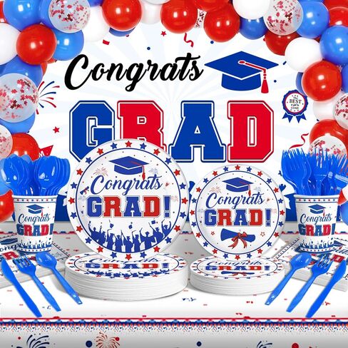 238 قطعة من لوازم حفلات التخرج باللونين الأحمر والأزرق والأبيض 2024، مجموعة أدوات مائدة التخرج - بالونات خلفية لافتة التخرج، لوحات تهنئة للتخرج والمناديل والملاعق والشوك مفرش المائدة لفئة 2024 ديكور in Kuwait