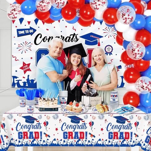 238 قطعة من لوازم حفلات التخرج باللونين الأحمر والأزرق والأبيض 2024، مجموعة أدوات مائدة التخرج - بالونات خلفية لافتة التخرج، لوحات تهنئة للتخرج والمناديل والملاعق والشوك مفرش المائدة لفئة 2024 ديكور in Kuwait