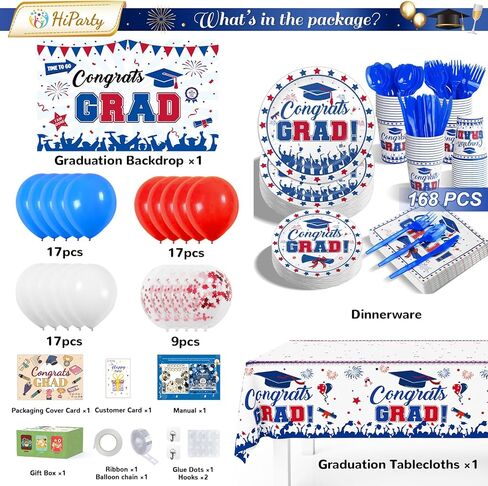 238 قطعة من لوازم حفلات التخرج باللونين الأحمر والأزرق والأبيض 2024، مجموعة أدوات مائدة التخرج - بالونات خلفية لافتة التخرج، لوحات تهنئة للتخرج والمناديل والملاعق والشوك مفرش المائدة لفئة 2024 ديكور in Kuwait