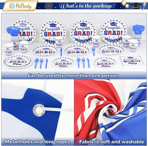 238 قطعة من لوازم حفلات التخرج باللونين الأحمر والأزرق والأبيض 2024، مجموعة أدوات مائدة التخرج - بالونات خلفية لافتة التخرج، لوحات تهنئة للتخرج والمناديل والملاعق والشوك مفرش المائدة لفئة 2024 ديكور in Kuwait