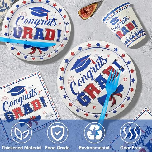238 قطعة من لوازم حفلات التخرج باللونين الأحمر والأزرق والأبيض 2024، مجموعة أدوات مائدة التخرج - بالونات خلفية لافتة التخرج، لوحات تهنئة للتخرج والمناديل والملاعق والشوك مفرش المائدة لفئة 2024 ديكور in Kuwait