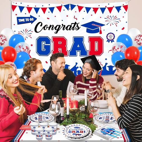 238 قطعة من لوازم حفلات التخرج باللونين الأحمر والأزرق والأبيض 2024، مجموعة أدوات مائدة التخرج - بالونات خلفية لافتة التخرج، لوحات تهنئة للتخرج والمناديل والملاعق والشوك مفرش المائدة لفئة 2024 ديكور in Kuwait