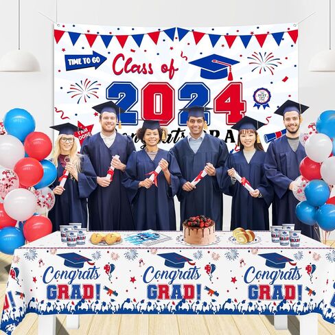 238 قطعة من لوازم حفلات التخرج باللونين الأحمر والأزرق والأبيض 2024، مجموعة أدوات مائدة التخرج - بالونات خلفية لافتة التخرج، لوحات تهنئة للتخرج والمناديل والملاعق والشوك مفرش المائدة لفئة 2024 ديكور in Kuwait