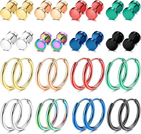 THUNARAZ 16 زوجًا من الأقراط المصنوعة من الفولاذ المقاوم للصدأ 18 جرام للرجال والنساء لا تسبب الحساسية، أقراط هوجي هوب الغضروف النائمة، أقراط قوس قزح منقطة، مجموعة أقراط قياس وهمية in Kuwait