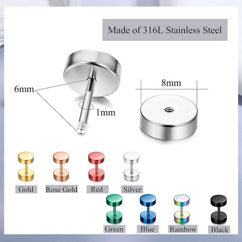 THUNARAZ 16 زوجًا من الأقراط المصنوعة من الفولاذ المقاوم للصدأ 18 جرام للرجال والنساء لا تسبب الحساسية، أقراط هوجي هوب الغضروف النائمة، أقراط قوس قزح منقطة، مجموعة أقراط قياس وهمية in Kuwait