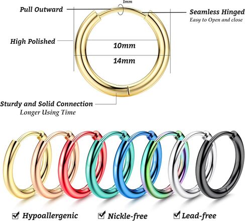 THUNARAZ 16 زوجًا من الأقراط المصنوعة من الفولاذ المقاوم للصدأ 18 جرام للرجال والنساء لا تسبب الحساسية، أقراط هوجي هوب الغضروف النائمة، أقراط قوس قزح منقطة، مجموعة أقراط قياس وهمية in Kuwait