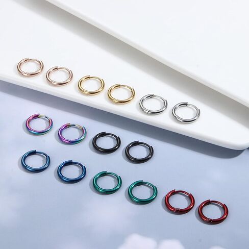 THUNARAZ 16 زوجًا من الأقراط المصنوعة من الفولاذ المقاوم للصدأ 18 جرام للرجال والنساء لا تسبب الحساسية، أقراط هوجي هوب الغضروف النائمة، أقراط قوس قزح منقطة، مجموعة أقراط قياس وهمية in Kuwait