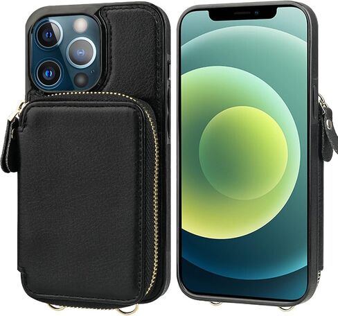 Bocasal RFID Blocking Wallet Case for iPhone 12 Pro Max, Adjustable Crossbody Zipper Purse Case Card Holder with Kickstand Detachable Wrist Strap, PU Leather Flip Folio Case 6.7 Inch 5G (Black) in Saudi Arabia