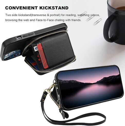 Bocasal RFID Blocking Wallet Case for iPhone 12 Pro Max, Adjustable Crossbody Zipper Purse Case Card Holder with Kickstand Detachable Wrist Strap, PU Leather Flip Folio Case 6.7 Inch 5G (Black) in Saudi Arabia