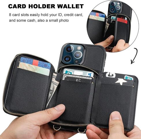 Bocasal RFID Blocking Wallet Case for iPhone 12 Pro Max, Adjustable Crossbody Zipper Purse Case Card Holder with Kickstand Detachable Wrist Strap, PU Leather Flip Folio Case 6.7 Inch 5G (Black) in Saudi Arabia