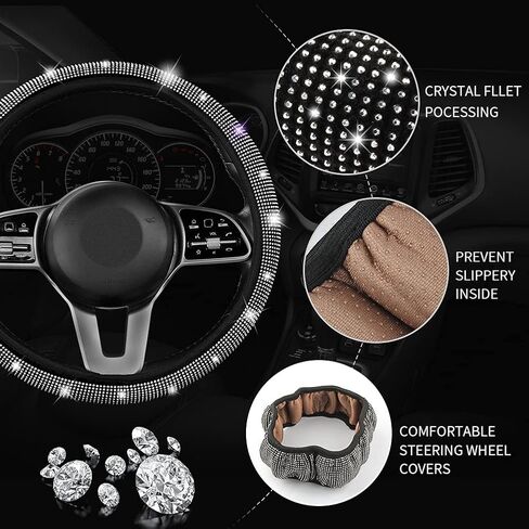 Diamond Bling Steering Wheel Cover for Women Foldable Universal Fit 15 Inch, Bling Auto Center Console Protective Cover, Crystal Shift Gear Cover, Car Coasters (White) in Saudi Arabia