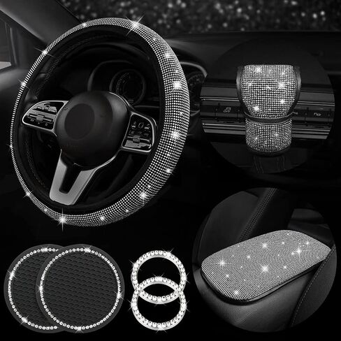 Diamond Bling Steering Wheel Cover for Women Foldable Universal Fit 15 Inch, Bling Auto Center Console Protective Cover, Crystal Shift Gear Cover, Car Coasters (White) in Saudi Arabia