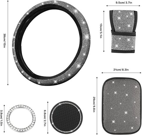 Diamond Bling Steering Wheel Cover for Women Foldable Universal Fit 15 Inch, Bling Auto Center Console Protective Cover, Crystal Shift Gear Cover, Car Coasters (White) in Saudi Arabia