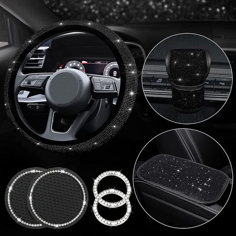 Diamond Bling Steering Wheel Cover for Women Foldable Universal Fit 15 Inch, Bling Auto Center Console Protective Cover, Crystal Shift Gear Cover, Car Coasters (White) in Saudi Arabia