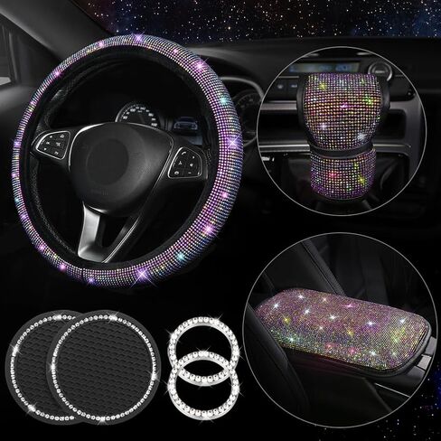 Diamond Bling Steering Wheel Cover for Women Foldable Universal Fit 15 Inch, Bling Auto Center Console Protective Cover, Crystal Shift Gear Cover, Car Coasters (White) in Saudi Arabia