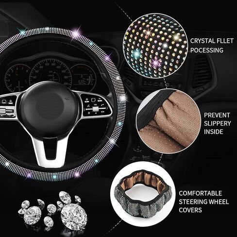 Diamond Bling Steering Wheel Cover for Women Foldable Universal Fit 15 Inch, Bling Auto Center Console Protective Cover, Crystal Shift Gear Cover, Car Coasters (White) in Saudi Arabia
