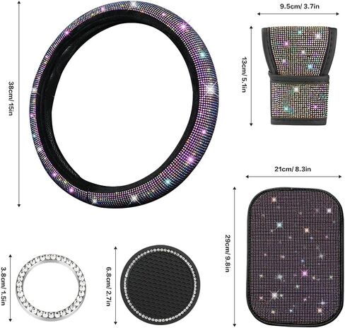 Diamond Bling Steering Wheel Cover for Women Foldable Universal Fit 15 Inch, Bling Auto Center Console Protective Cover, Crystal Shift Gear Cover, Car Coasters (White) in Saudi Arabia