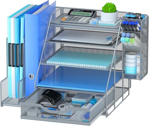 Black 5-Tier Desk Organizer with Pen Holder, Mesh File Folder Holders, Sliding Drawers for Office, School, Home in Saudi Arabia