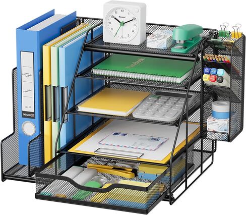 Black 5-Tier Desk Organizer with Pen Holder, Mesh File Folder Holders, Sliding Drawers for Office, School, Home in Saudi Arabia