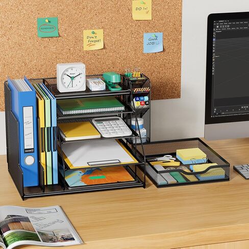 Black 5-Tier Desk Organizer with Pen Holder, Mesh File Folder Holders, Sliding Drawers for Office, School, Home in Saudi Arabia