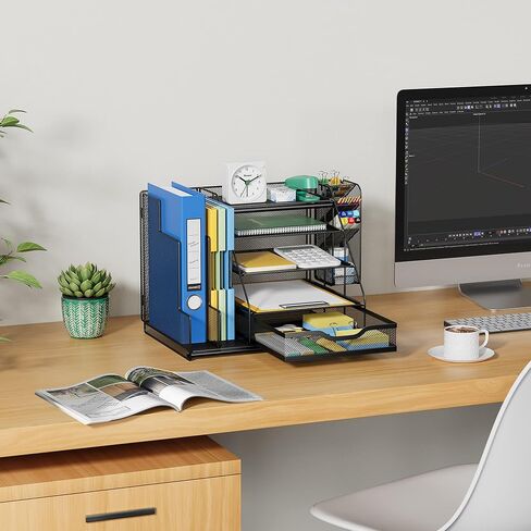 Black 5-Tier Desk Organizer with Pen Holder, Mesh File Folder Holders, Sliding Drawers for Office, School, Home in Saudi Arabia