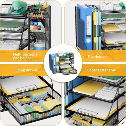 Black 5-Tier Desk Organizer with Pen Holder, Mesh File Folder Holders, Sliding Drawers for Office, School, Home in Saudi Arabia