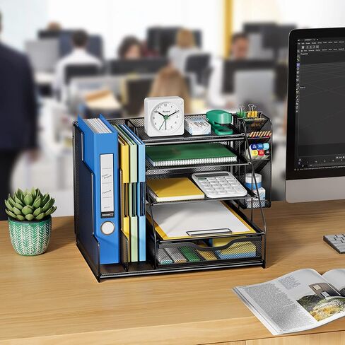 Black 5-Tier Desk Organizer with Pen Holder, Mesh File Folder Holders, Sliding Drawers for Office, School, Home in Saudi Arabia