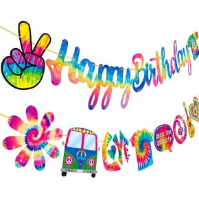 C L cooper life Tie Dye Happy Birthday Banner, Art Theme Party Decorations, Rainbow, 60s 70s Hippie Groovy Carnival Party Supplies