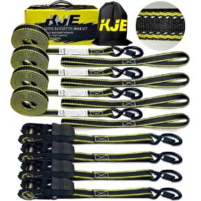 KJE Reflective Ratchet Straps, (4) 1" x 15' Tie Down Strap Sets + (4) Soft Loops, TPR Handles & Coated S Hook W/Safety Clip, 1823lb Break Strength, Cargo Strap for Motorcycle, ATV