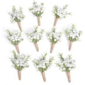 Baby Breath Boutonnieres for Men Wedding,Set of 10, Natural White Groom and Groomsmen Boutonniere with Pin for Rustic Fall Vintage Wedding, Prom and Homecoming