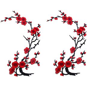 Zeng Decorative Patches,Embroidered Iron-On Patch, Embroidery Applique by DIY Cloth Art Embroidery Decoration Jeans Hats Blouses Sewing sew Shirts Appliques (Plum Flower Patches, Red/Black)