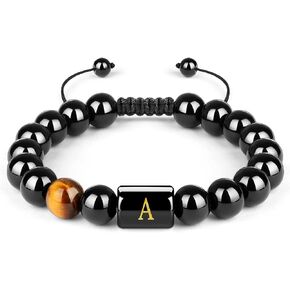 Bracelets for Men Initials Letter Link Handmade Natural Black Onyx Tiger Eye Stone Beads Braided Rope Meaningful Bracelet