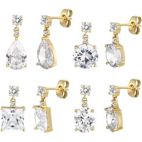 4 Paris Dangle Earrings Sets, MDFUN 18K White Gold/Yellow Gold Plated Round Princess Cut Clear Cubic Zirconia Tear Drop Dangle Earrings for Women Hypoallergenic Earrings Jewelry