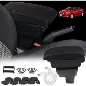 BHB Consoles Armrest Box Compatible with Nissan Almera Versa 2020-2022 Center Console Box Armrest Box USB Charge Black with Red Stitching