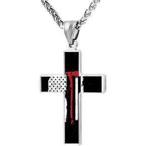 Cross Pendant Necklace Thin Red Line Firefighter Christian Religious Jewelry for Men and Women