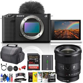 كاميرا Sony Alpha ZV-E1 كاملة الإطار بعدسة بدون مرآة (أسود) (ILCZVE1/B) عدسة FE مقاس 20 مم + بطاقة 64 جيجابايت + برنامج Corel للصور + قارئ بطاقات + حافظة + حامل ثلاثي القوائم مرن + مجموعة تنظيف (متجددة) in Kuwait