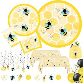 Serves 24 Ultimate Bumble Bee Party Supplies Includes Plates,Napkins,Table Covers,Balloons, Banner, Swirls, Centerpiece, Ideal for Birthday, Baby Shower, Bee Theme Party Decor
