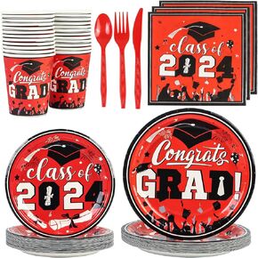 Graduation Party Supplies, Congrats Grad Disposable Tableware Set Plates Cups Spoons Fork Knives and Napkins for Class Of 2024 Graduation Party Decorations 24 Guests (black)
