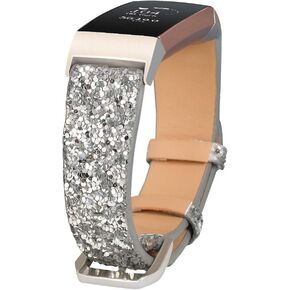 Bling Bands Compatible with Fitbit Charge 4/Charge 3/Charge 3 SE Band, Women Strap Shiny Glitter Leather Replacement Bands Compatible with Fitbit Charge 3/Charge 4 Fitness Tracker Wristbands