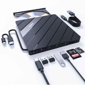 Unitek External DVD Driver USB C Portable CD/DVD +/-RW Drive/DVD Player with SD Card Reader USB 3.0 Hub USB C Power Port CD ROM Burner Compatible with Laptop Desktop PC Windows Linux OS Apple Mac