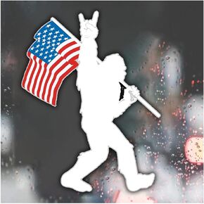 Sasquatch Bigfoot Rock On American Flag Vinyl Sticker Decal for Car Truck SUV Van Bumper - 5x4 Inches
