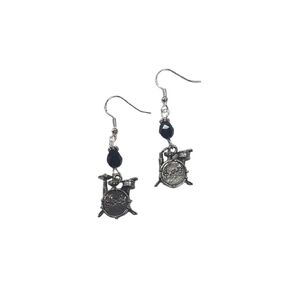 Musician, Band Member or Drum Set Earrings, Drum set Charms on Sterling Silver Earwires with jet faceted crystal accent beads