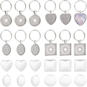 UNICRAFTALE 12pcs Heart Flat Round Oval Square Alloy Keychains with 304 Stainless Steel Split Key Rings and Transparent Glass Cabochons Antique Silver Keychains for Jewlery Making 5.5~6cm