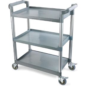 New Star Foodservice 54545 250-Pound Plastic 3-Tier Utility Bus Cart with Locking Casters, 32" x 16" x 38", Gray
