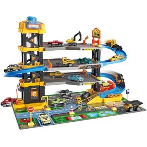 Dollox Parking Garage Toy Playset, Race Car Ramp Track Toys Sets Garage Playset with 6 Little Alloy Construction Cars Adventure Track
