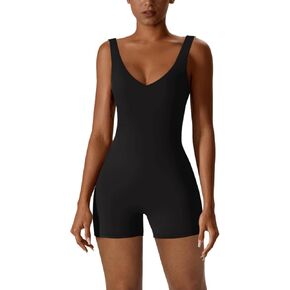 REORIA Women's Sexy V Neck Sleeveless Bodycon Romper Stretchy back V neck Sexy Unitard Jumpsuit in Saudi Arabia