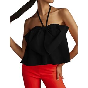 Women Halter Self Tie Sleeveless Backless Strapless Bow Knot Ruched Solid Loose Swing Sexy Tube Tank Crop Top
