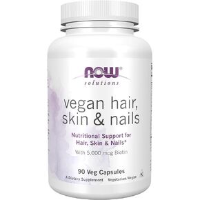 NOW Solutions, Vegan Hair, Skin & Nails, Nutritional Support with 5,000 mcg Biotin, 90 Veg Capsules