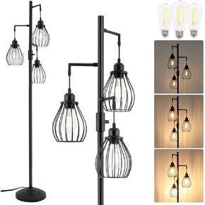 68.5" Dimmable Floor Lamp, Industrial Farmhouse Floor Lamps with Elegant Teardrop Cages, Rustic Floor Lamps Black Tall Vintage Pole Lamps for Living Room Bedroom Office, 3 LED Bulbs Included